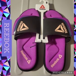 Reebok Black & Purple Slide Sandals with Rose-Gold Logos